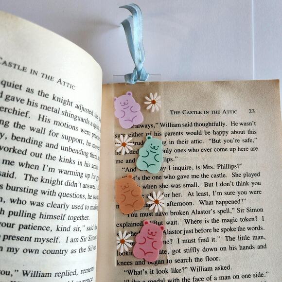 Gummy Bear Print Funny Bookmark Ribbon Bow Clear Acrylic Coquette Bookish Gift - Picture 9 of 13